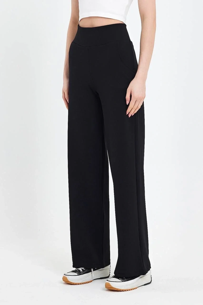 Kadın Siyah Yüksek Bel Cepli Palazzo Geniş Paça Krep Kumaş Günlük Pantolon Eşofman Altı