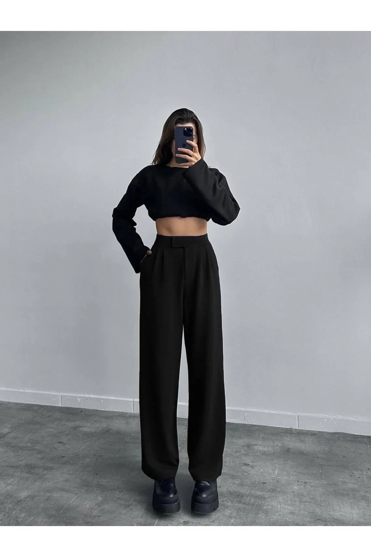 bysoca Kadın Siyah Yüksek Bel Cepli Cırtlı Ayarlanabilir Rahat Bol Paça Palazzo Kumaş Pantolon