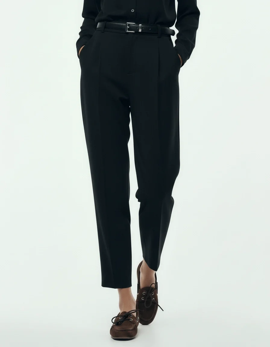 bysoca Kadın Siyah Yüksek Bel Kemerli Pens Detaylı Cepli Bilek Boy Havuç Kesim Klasik Kumaş Pantolon