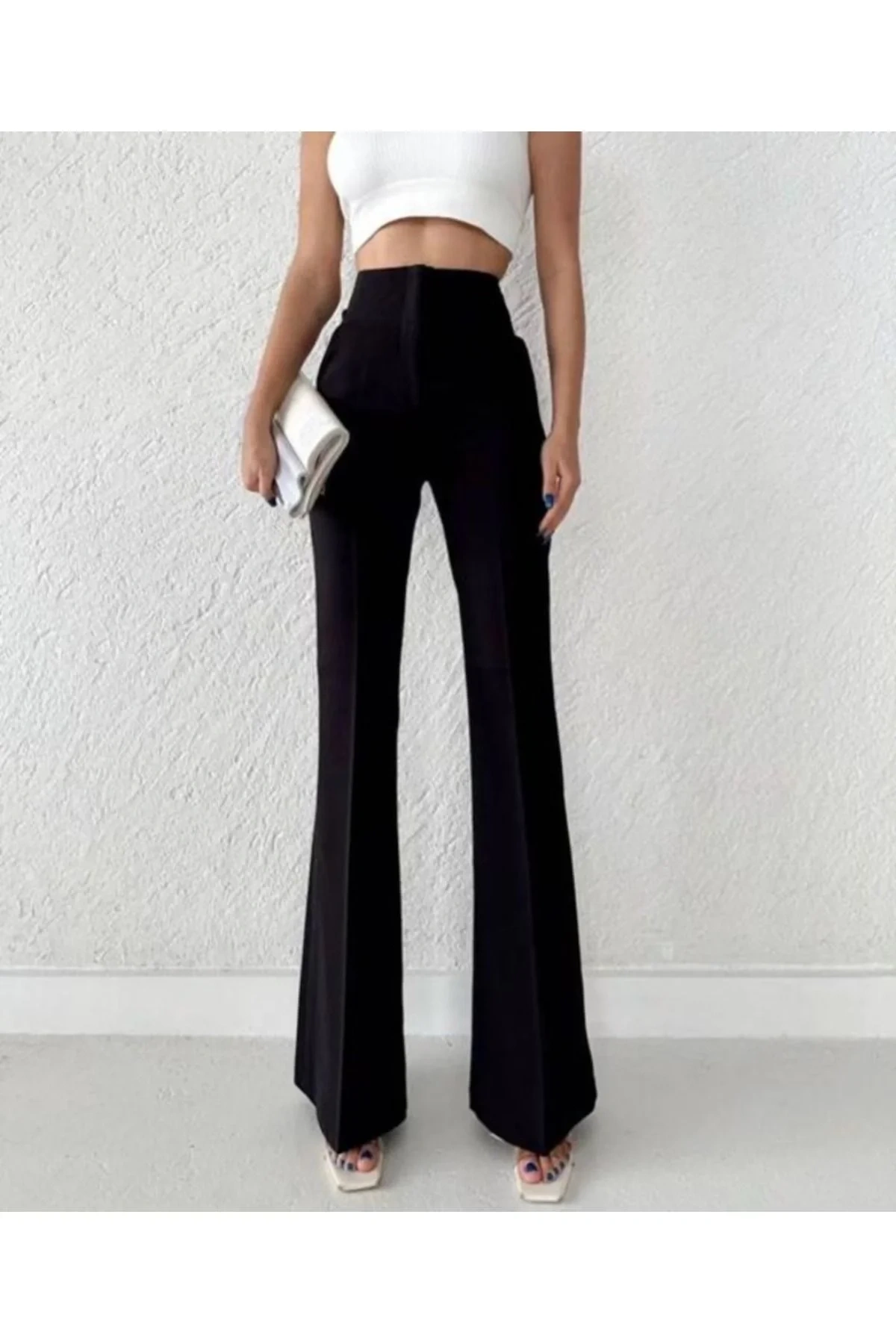 Kadın Siyah Yüksek Bel Cepli Toparlayıcı İspanyol Paça Atlas Kumaş Pantolon