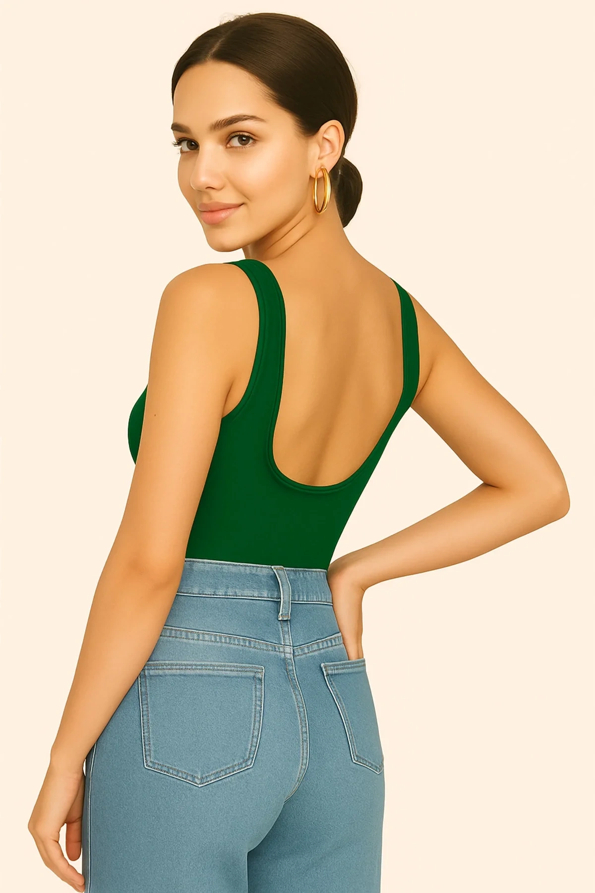 bysoca Kadın Yeşil Sırt Dekolteli Kayık Yaka Sıfır Kol Vücudu Saran Basic Tanga Bodysuit