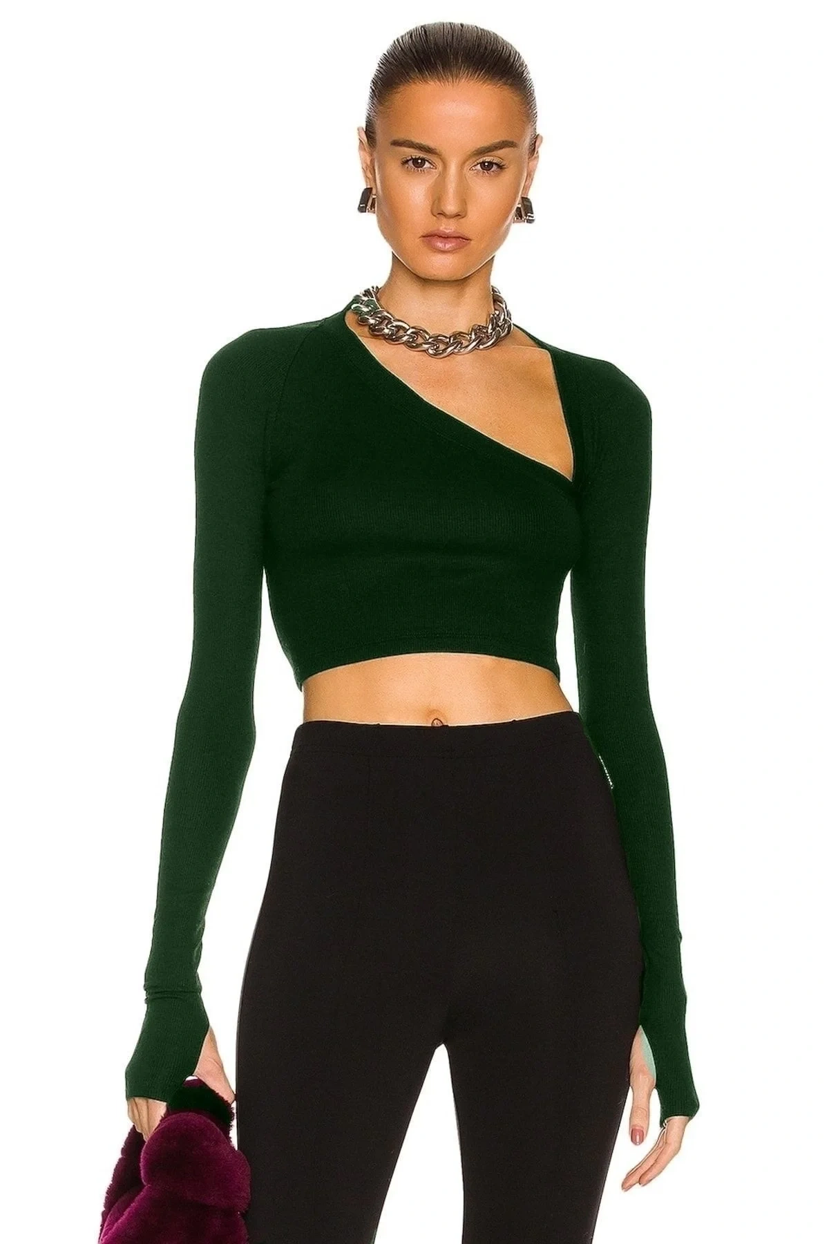 bysoca Kadın Zümrüt Yeşili Asimetrik Yaka Göğüs Dekolteli Uzun Kollu Parmak Geçmeli Crop Top