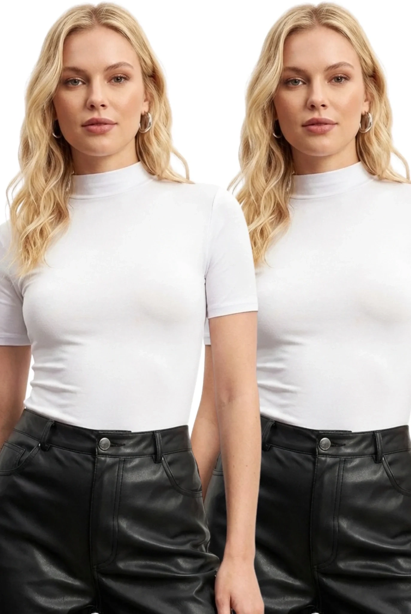 Kadın 2li Beyaz Yarım Balıkçı Yaka Kısa Kollu Esnek Pamuklu Basic Bluz