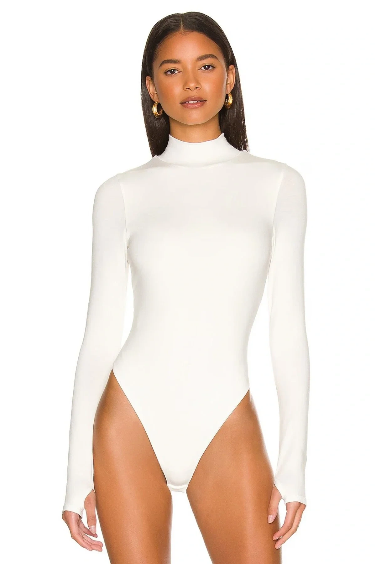 Kadın Beyaz Balıkçı Yaka Parmak Geçmeli Uzun Kol Alttan Çıtçıtlı Çift Kat İpek Jarse Bodysuit