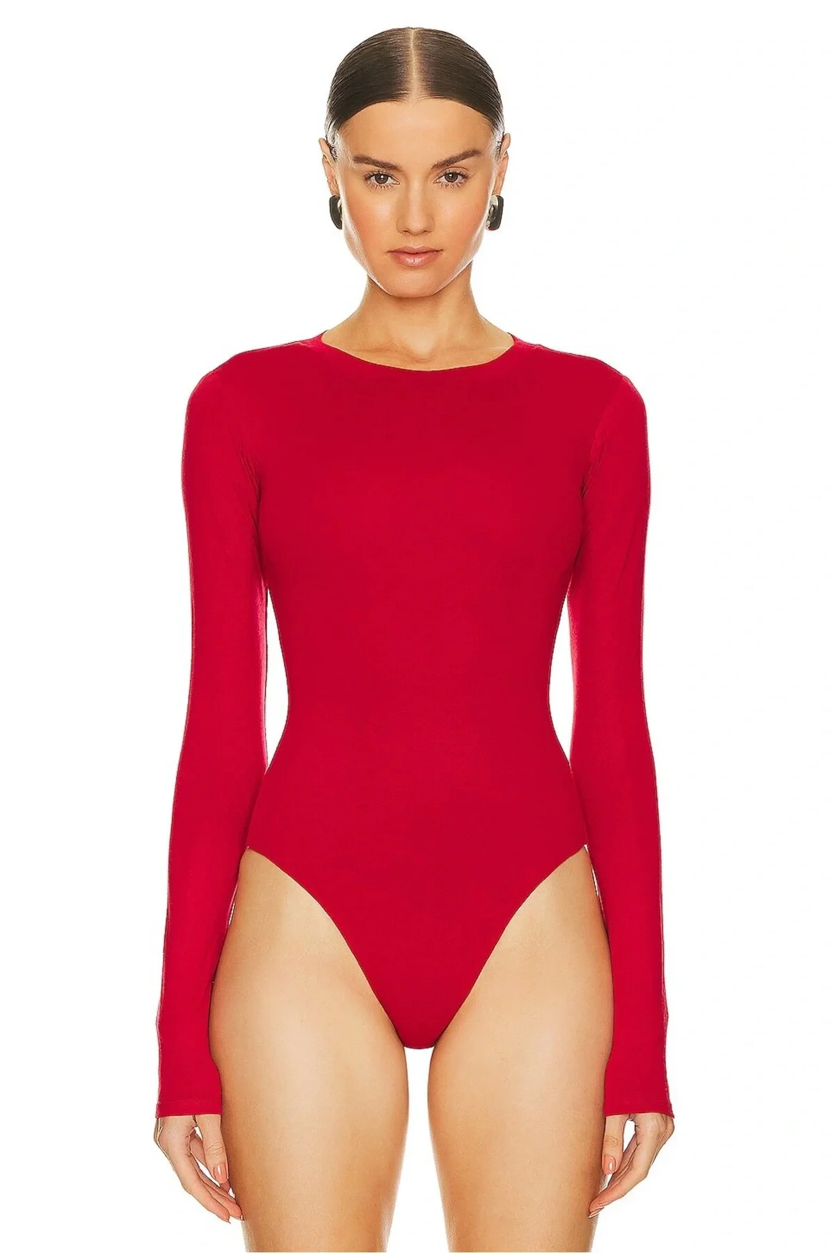 Kadın Kırmızı Bisiklet Yaka Uzun Kol Alttan Çıtçıtlı Çift Kat İpek Jarse Basic Tanga Bodysuit