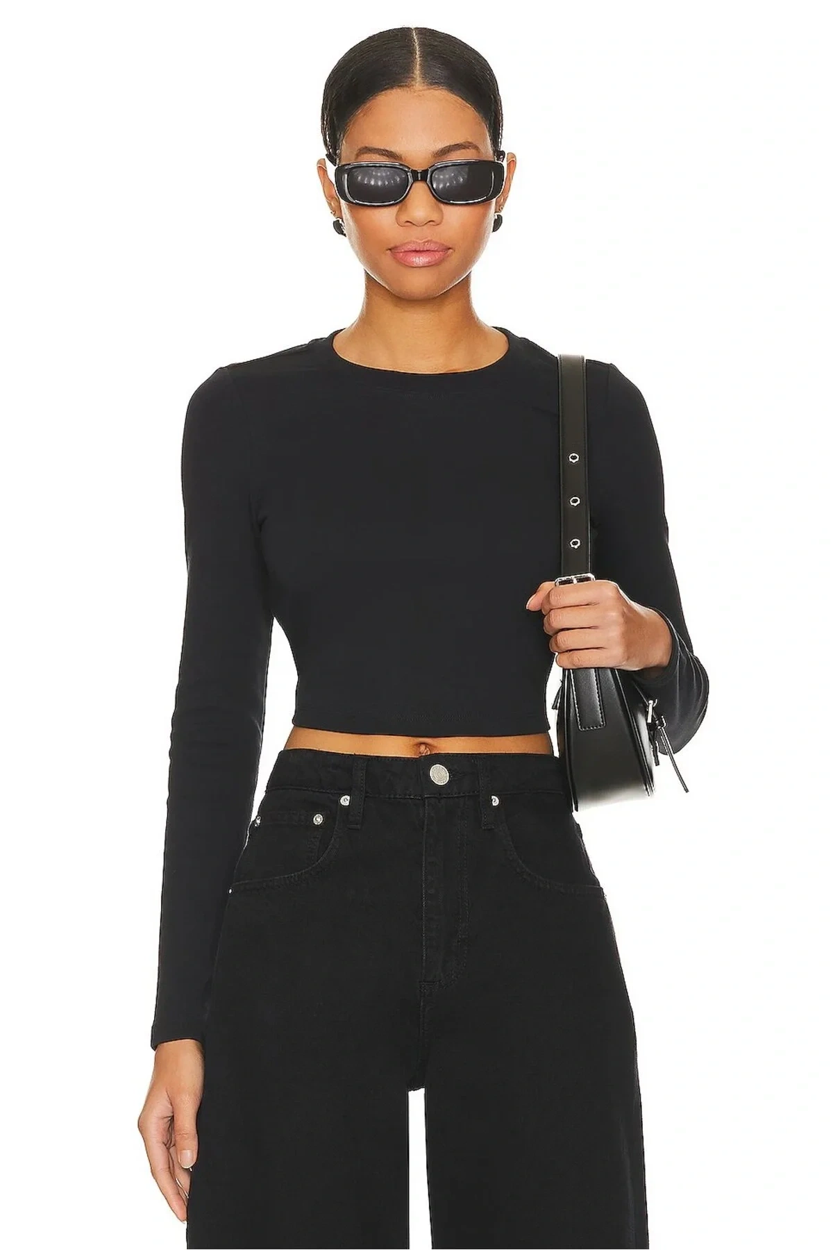 Kadın Siyah Bisiklet Yaka Uzun Kollu Esnek Sandy Kumaş Basic Crop Top Body Bluz