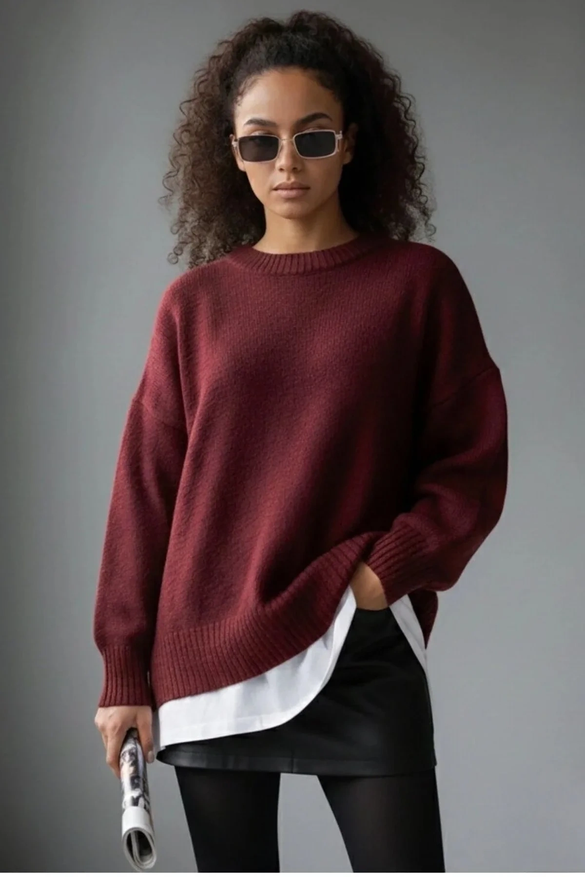 Kadın Bordo Bisiklet Yaka Uzun Kollu Oversize Yumuşak Dokulu Triko Kazak