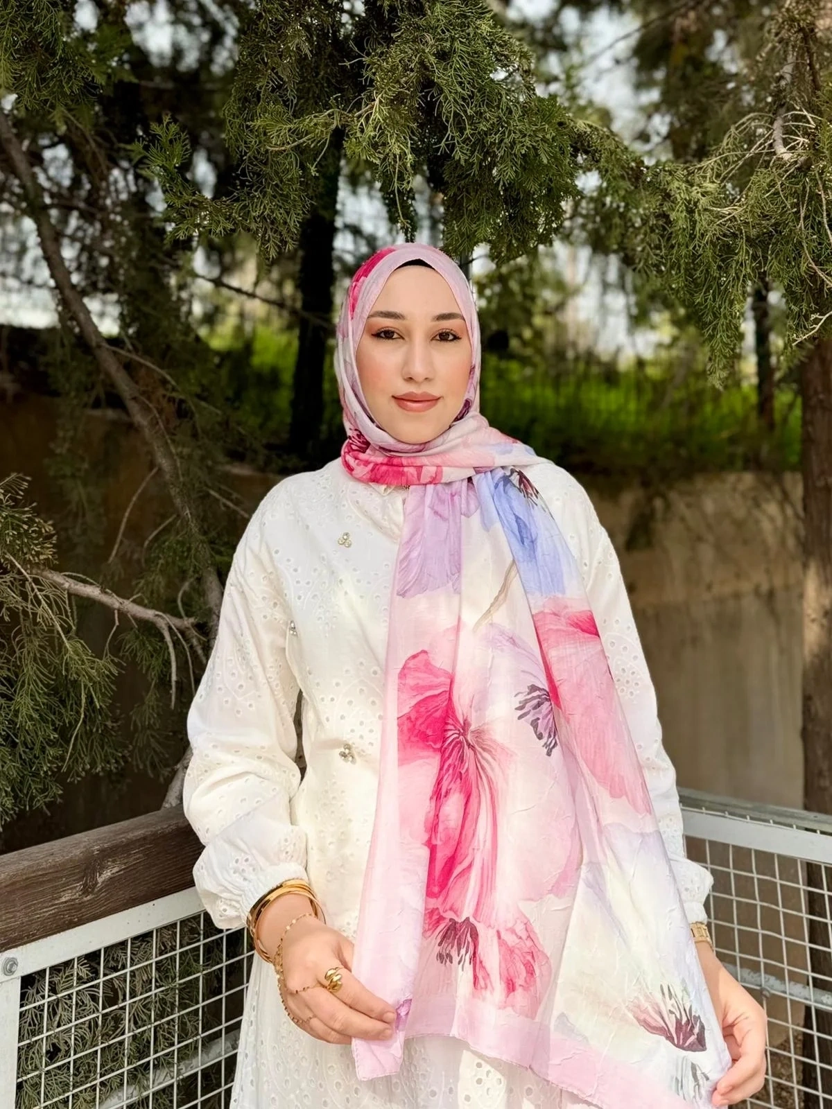 Kadın Pembe Lila Floral Çiçek Desenli Bambu Dokuma Soft Yumuşak Şal