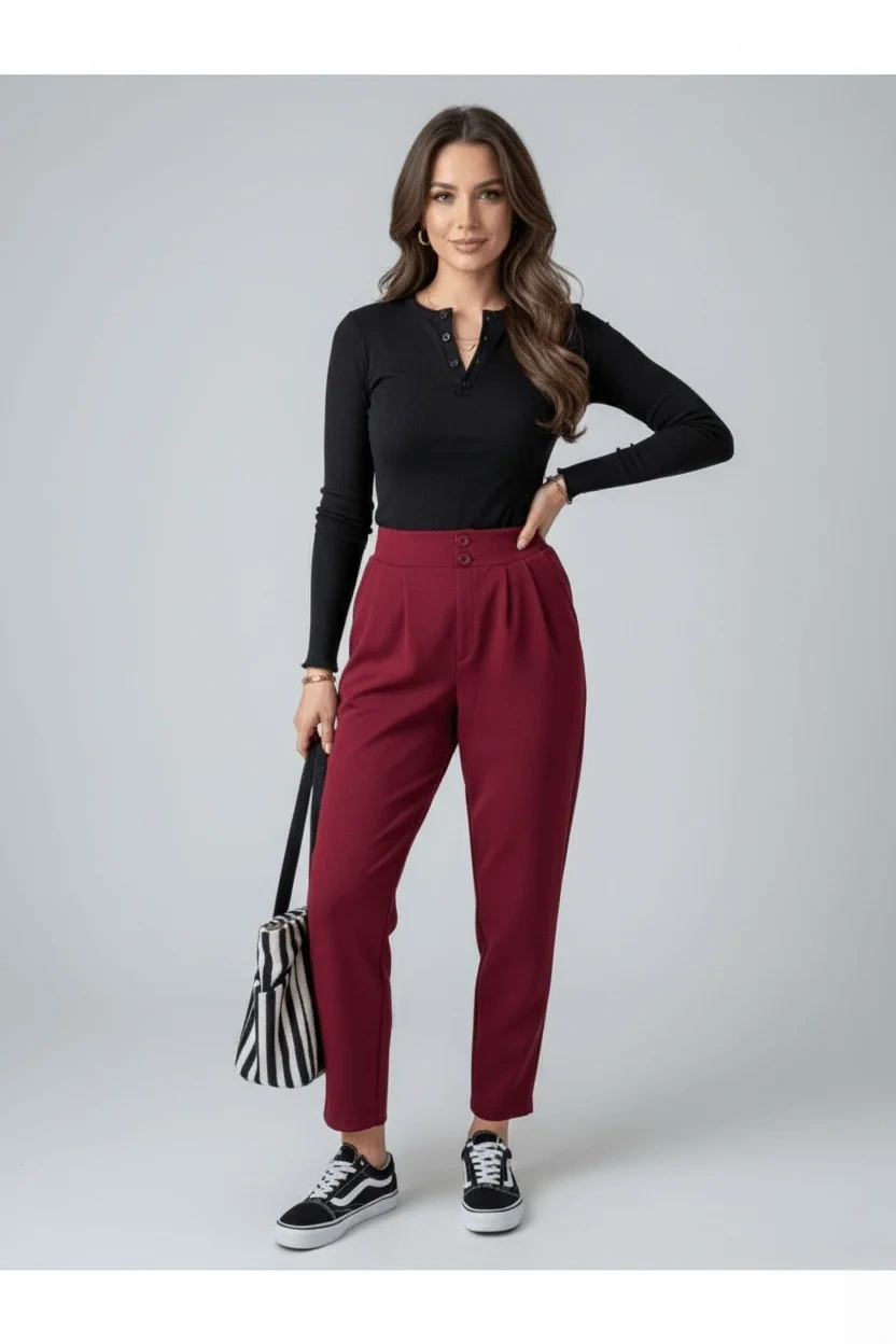 bysoca Kadın Bordo Çift Düğmeli Cepli Pileli Yüksek Bel Havuç Kesim Likralı Kumaş Pantolon