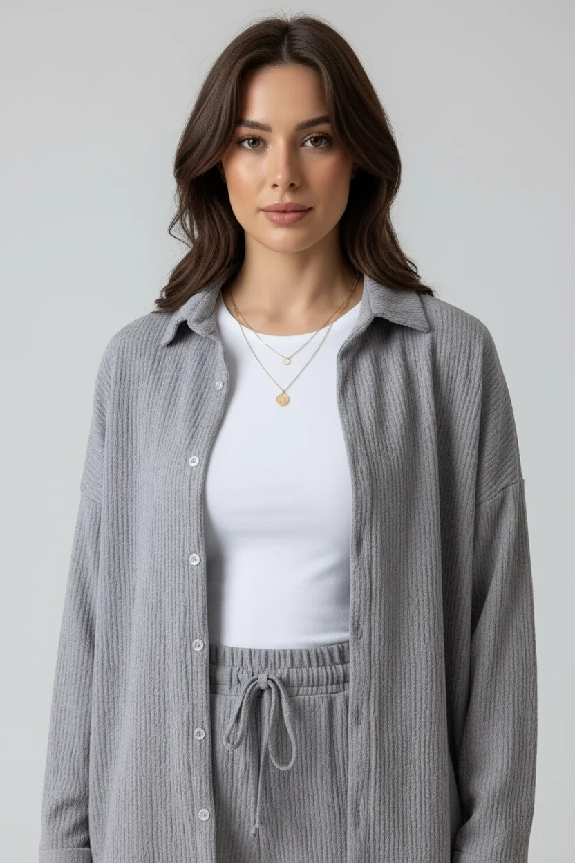 bysoca Kadın Gri Düğmeli Gömlek ve Beli Lastikli Geniş Paça Pantolon Bürümcük Kumaş 2li Takım