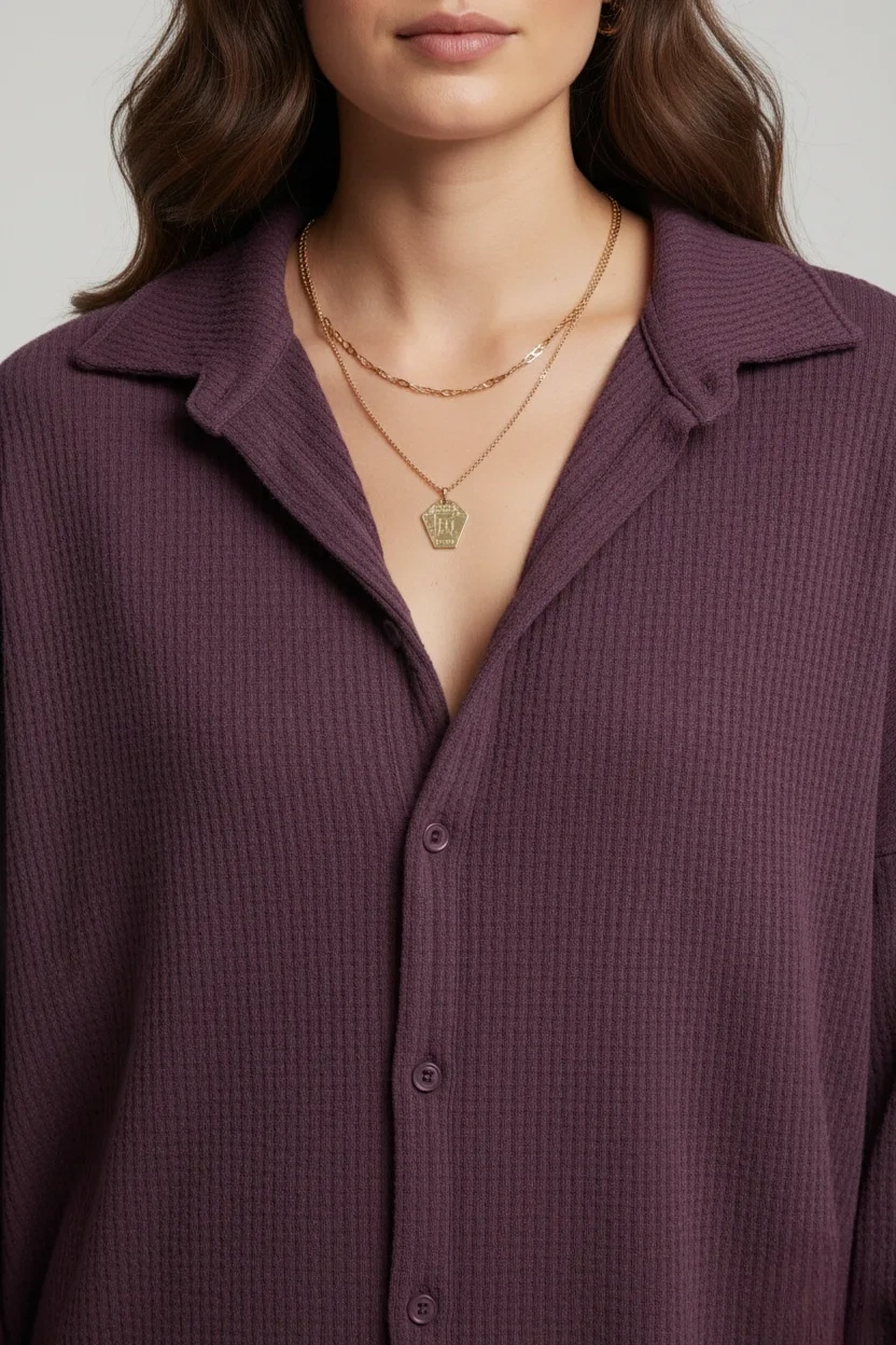 bysoca Kadın Mürdüm Düğmeli Gömlek ve Beli Lastikli Geniş Paça Pantolon Bürümcük Kumaş 2li Takım