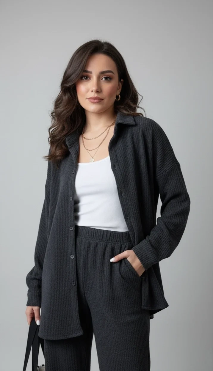 bysoca Kadın Siyah Düğmeli Gömlek ve Beli Lastikli Geniş Paça Pantolon Bürümcük Kumaş 2li Takım