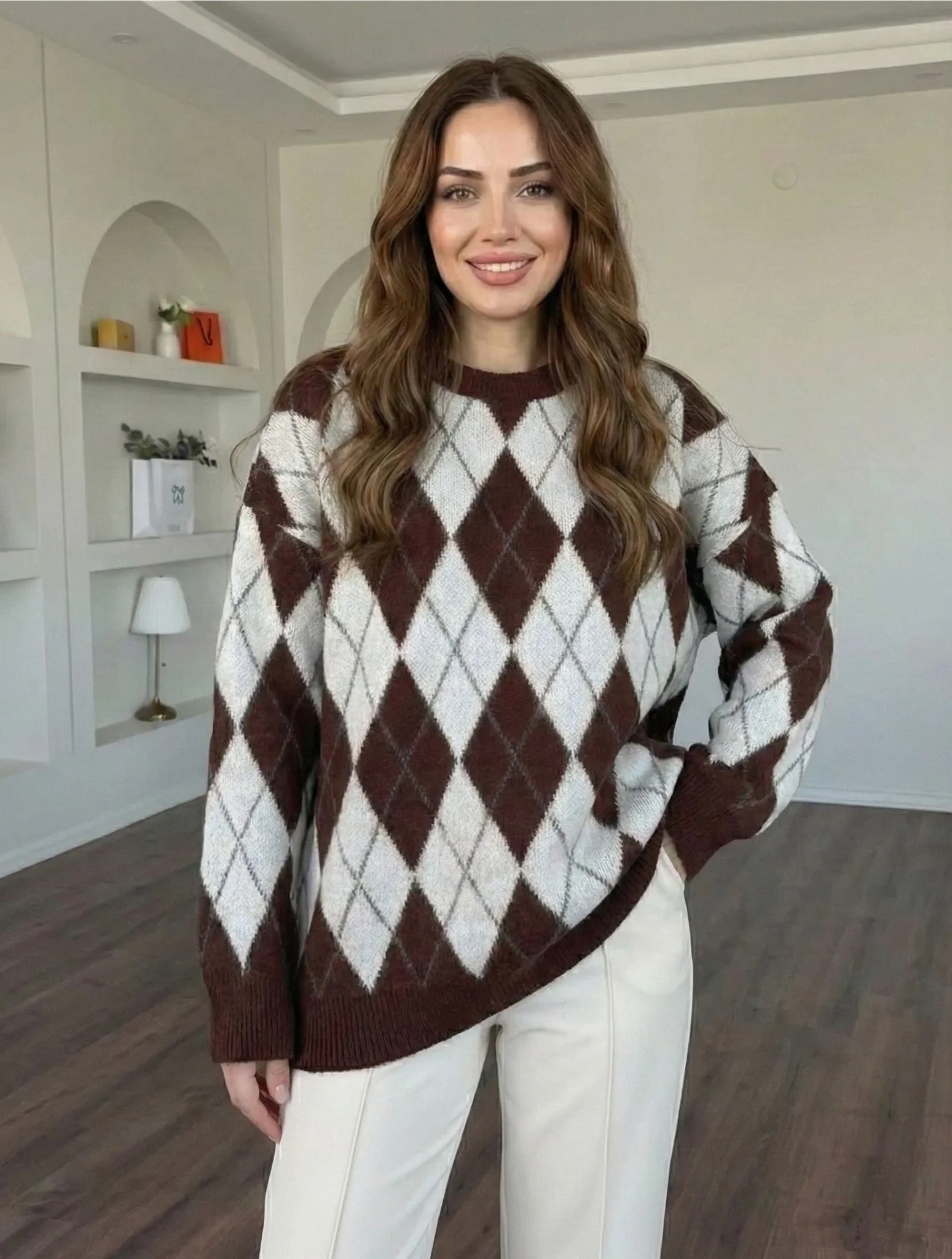 Kadın Kahverengi Baklava Desenli Bisiklet Yaka Oversize Yumuşak Dokulu Triko Kazak