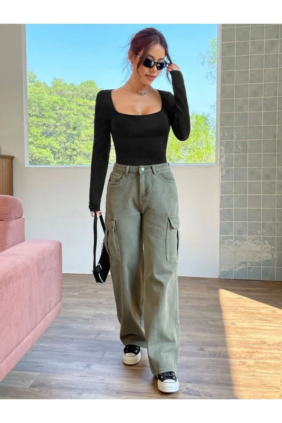 Kadın Siyah Uzun Kollu Kare Yaka Alttan Çıtçıtlı Çift Kat İpek Jarse Basic Tanga Bodysuit