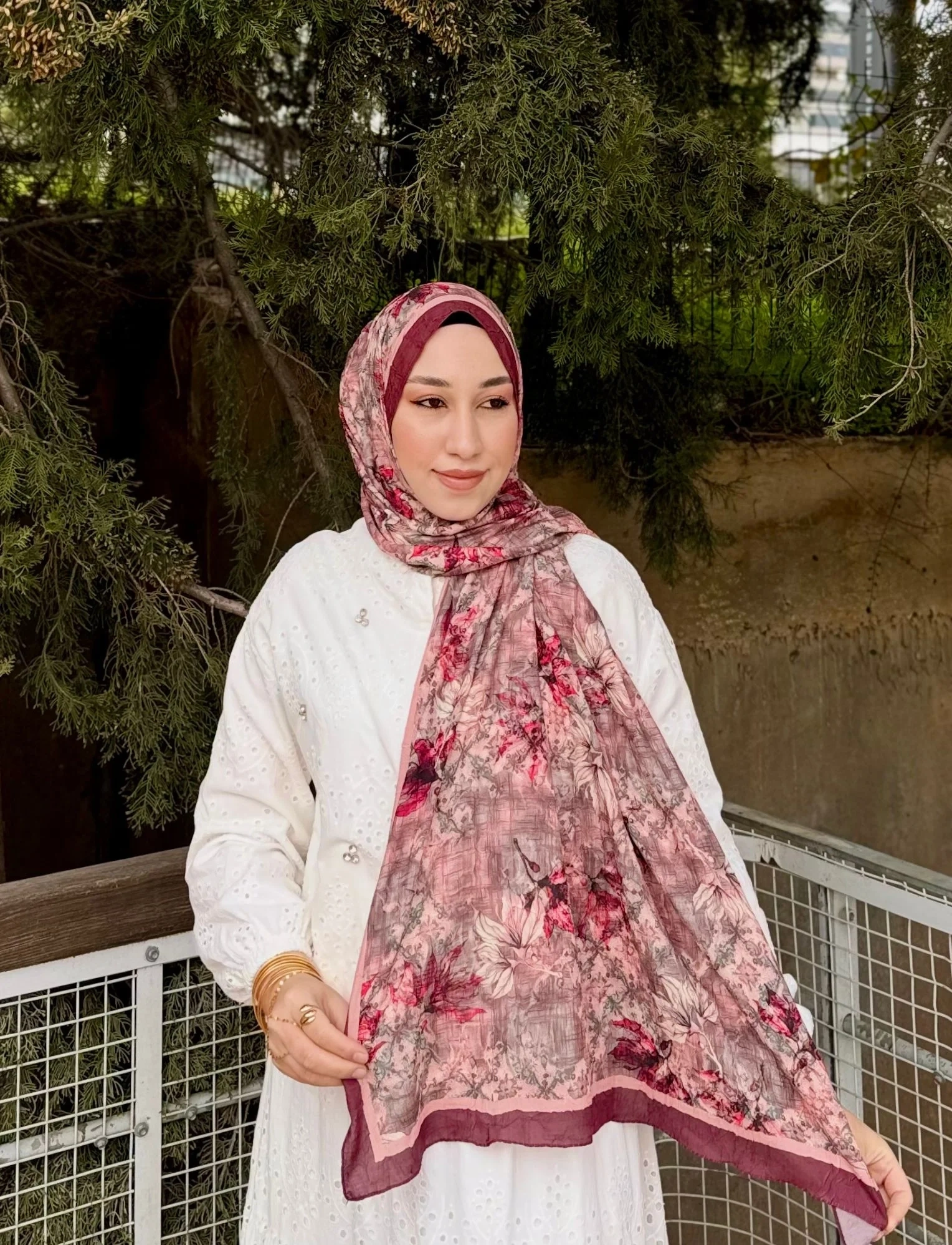 Kadın Terracotta Bordo Floral Çiçek Ebruli Desenli Bambu Dokuma Soft Yumuşak Şal