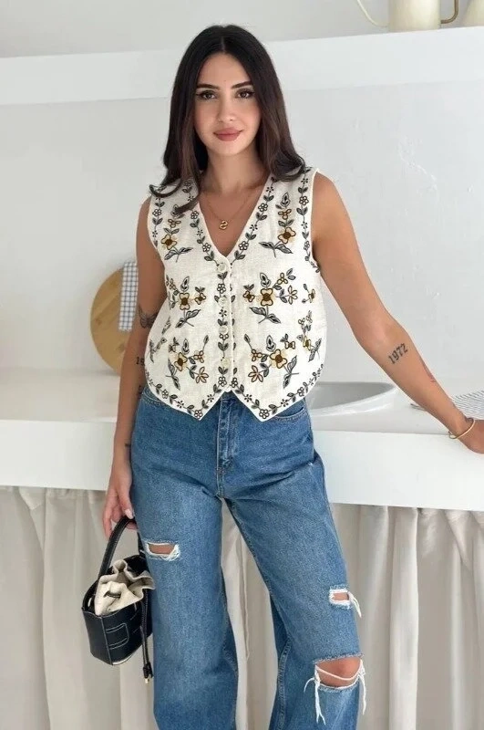 Kadın Krem V Yaka Etnik Çiçek Nakışlı Düğmeli Keten Dokuma Pinterest Bohem Yelek