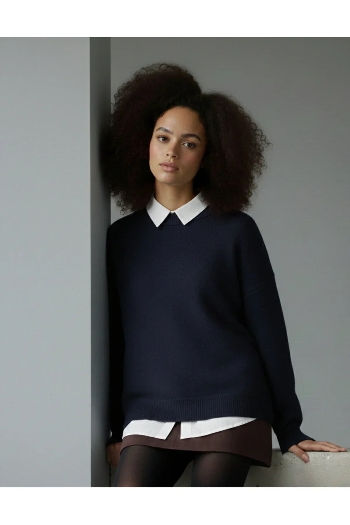 Kadın Lacivert Bisiklet Yaka Uzun Kollu Oversize Yumuşak Dokulu Triko Kazak