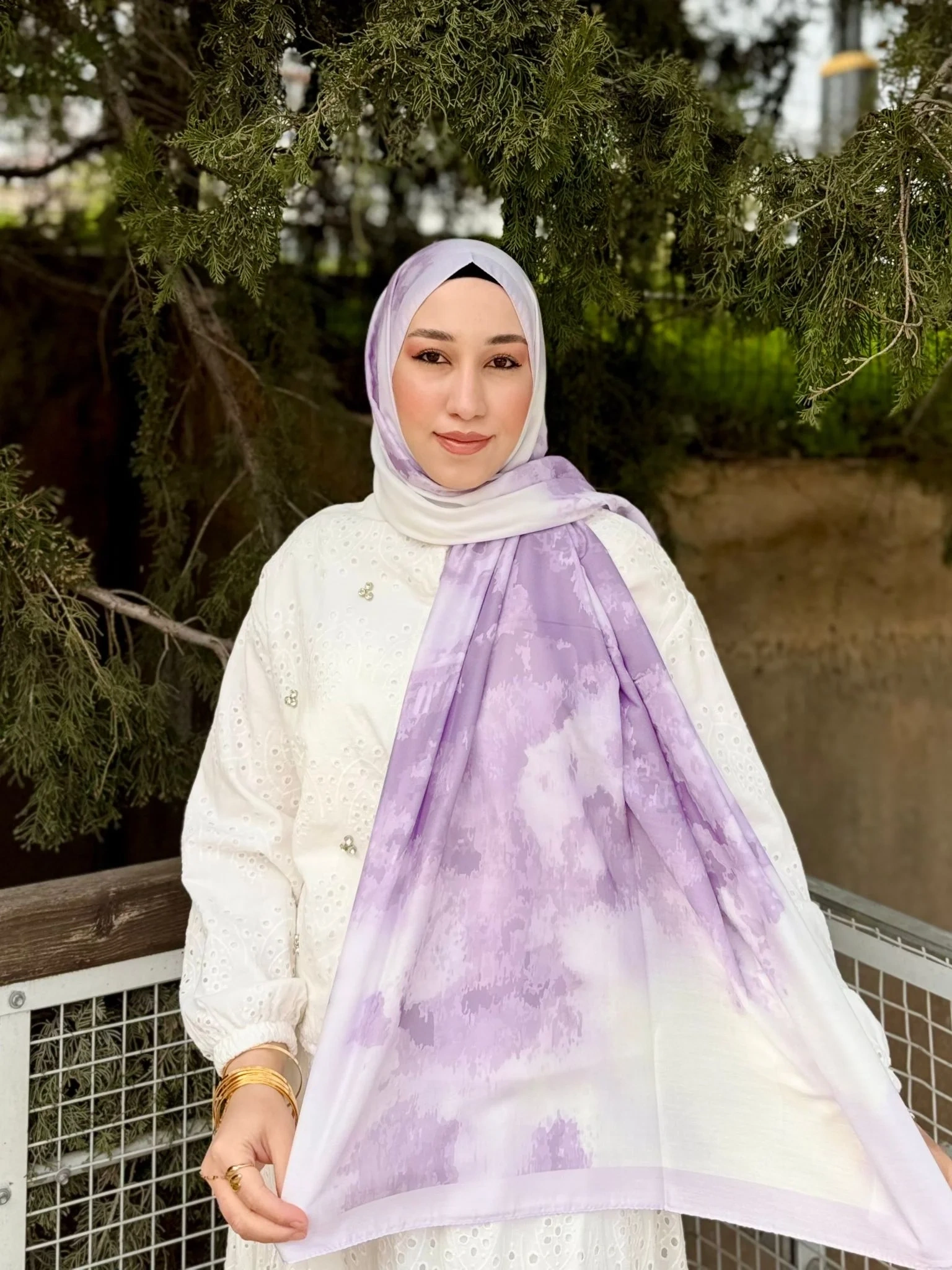 Kadın Lila Ebruli Desenli Çerçeveli Soft Dokulu Pamuklu Mevsimlik Tesettür Şal