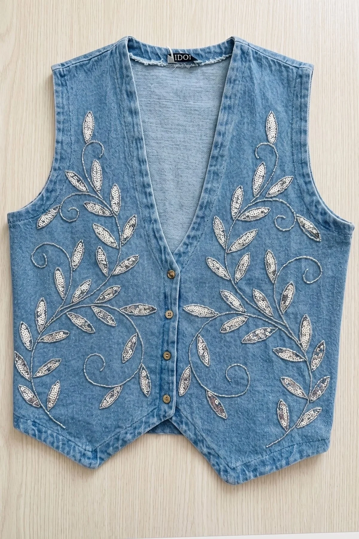 Kadın Mavi Boncuk İşlemeli Jean Yelek Pamuklu V Yaka Denim Payetli Sıfır Kol