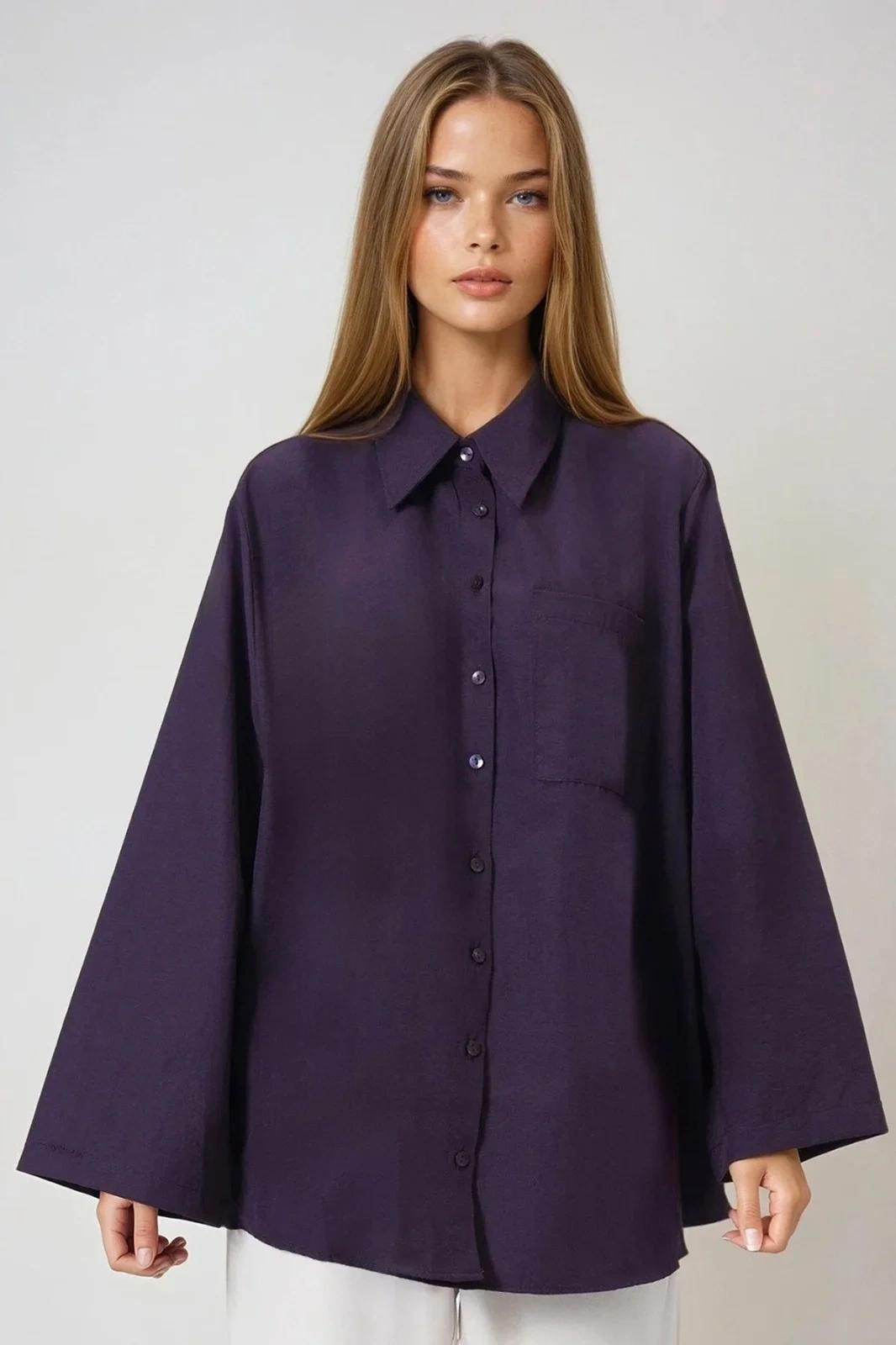 Kadın Mor Uzun Kollu Tek Cepli Geniş Manşetli Oversize Keten Karışımlı Tunik Gömlek