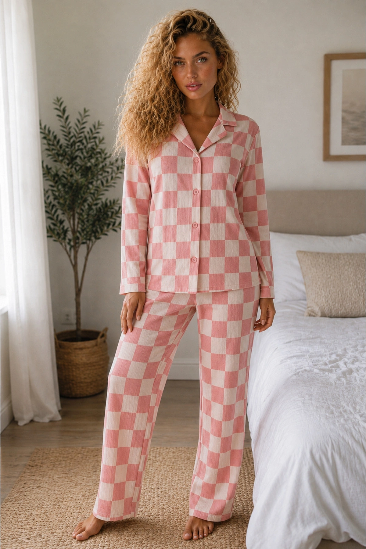 Kadın Pembe Damalı Gömlek Yaka Düğmeli Uzun Kollu Pantolonlu Pamuklu Pijama Takımı