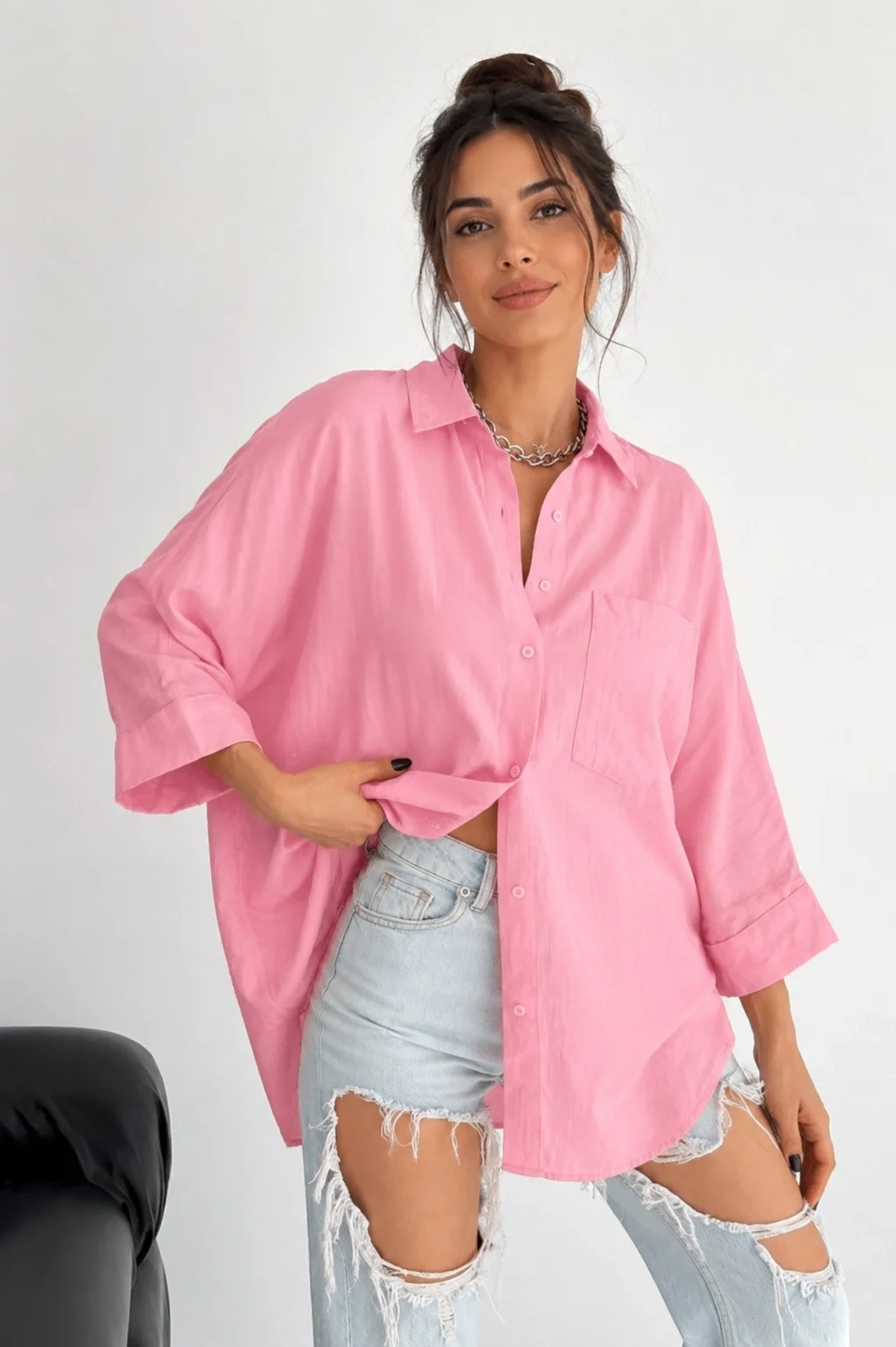 Kadın Pembe Pamuklu Oversize Fakir Kol Gömlek Geniş Kalıp Salaş Bluz Cepli