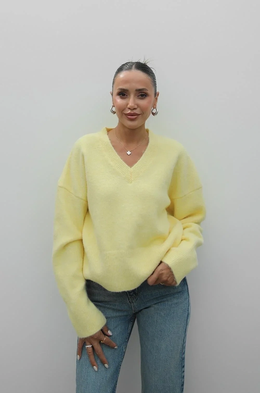 Kadın Sarı Pamuklu V Yaka Oversize Basic Triko Pinterest Kazak