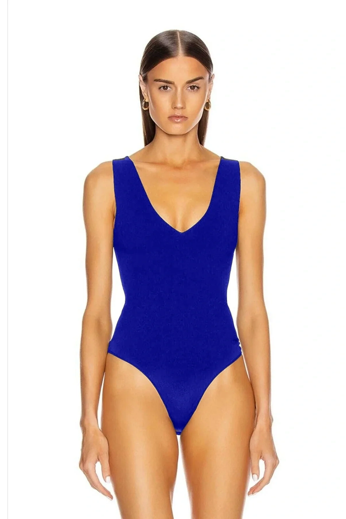 Kadın Mavi Kalın Askılı V Yaka Alttan Çıtçıtlı Çift Kat Sandy Basic Tanga Bodysuit