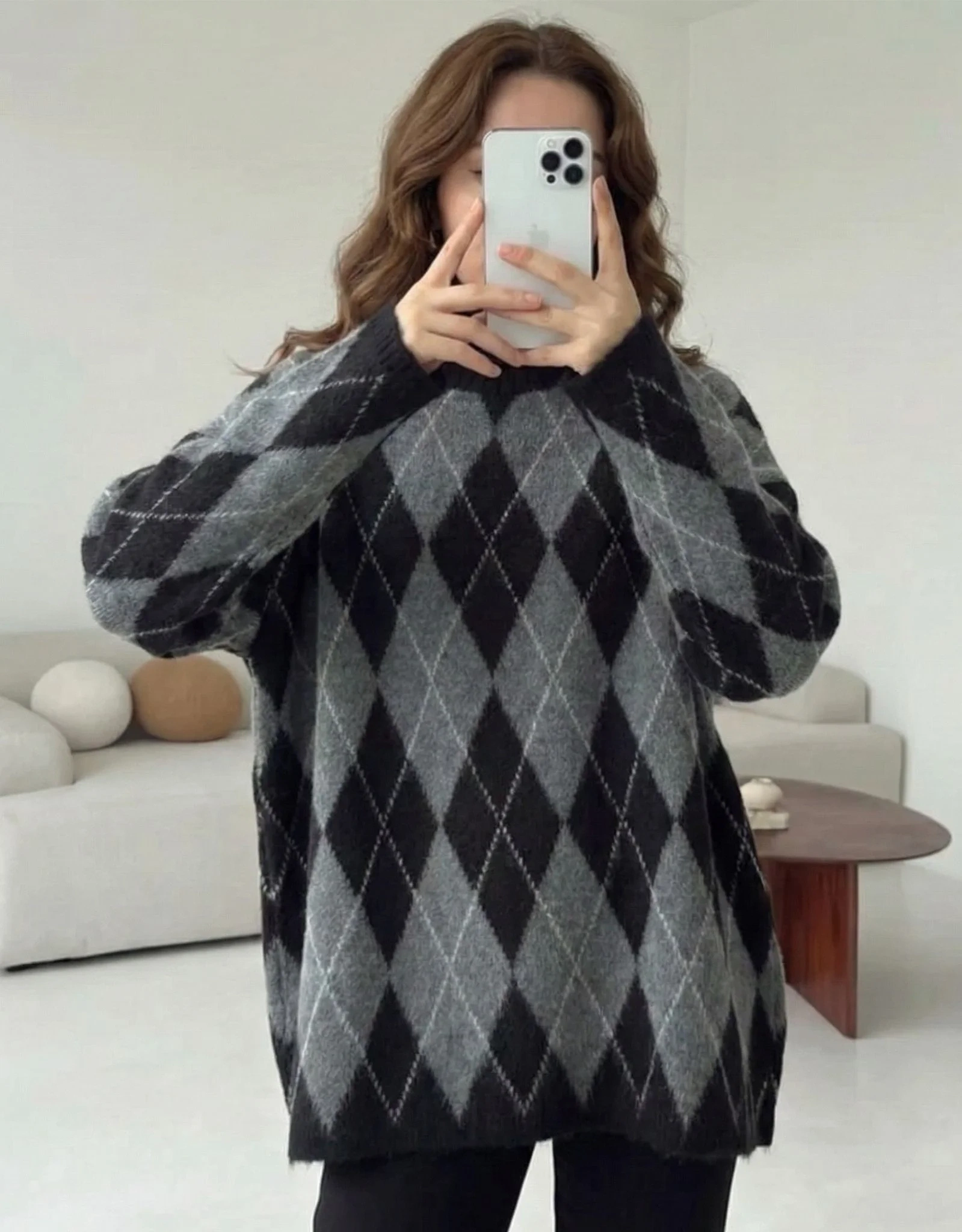 Kadın Siyah Gri Baklava Desenli Bisiklet Yaka Oversize Yumuşak Dokulu Triko Kazak