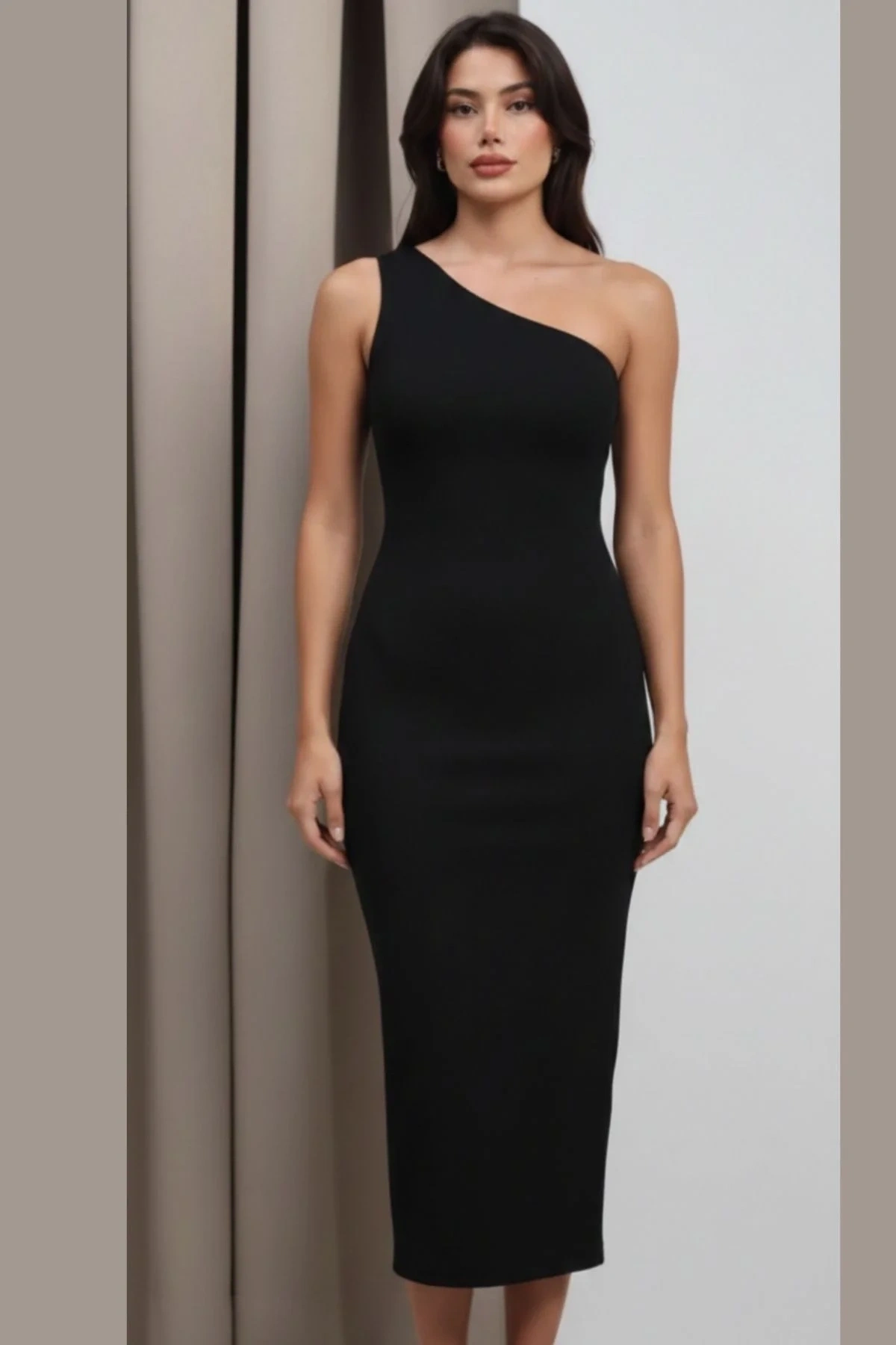 Kadın Siyah Asimetrik Yaka Tek Omuz Sandy Kumaş Vücudu Saran Bodycon Maxi Uzun Elbise