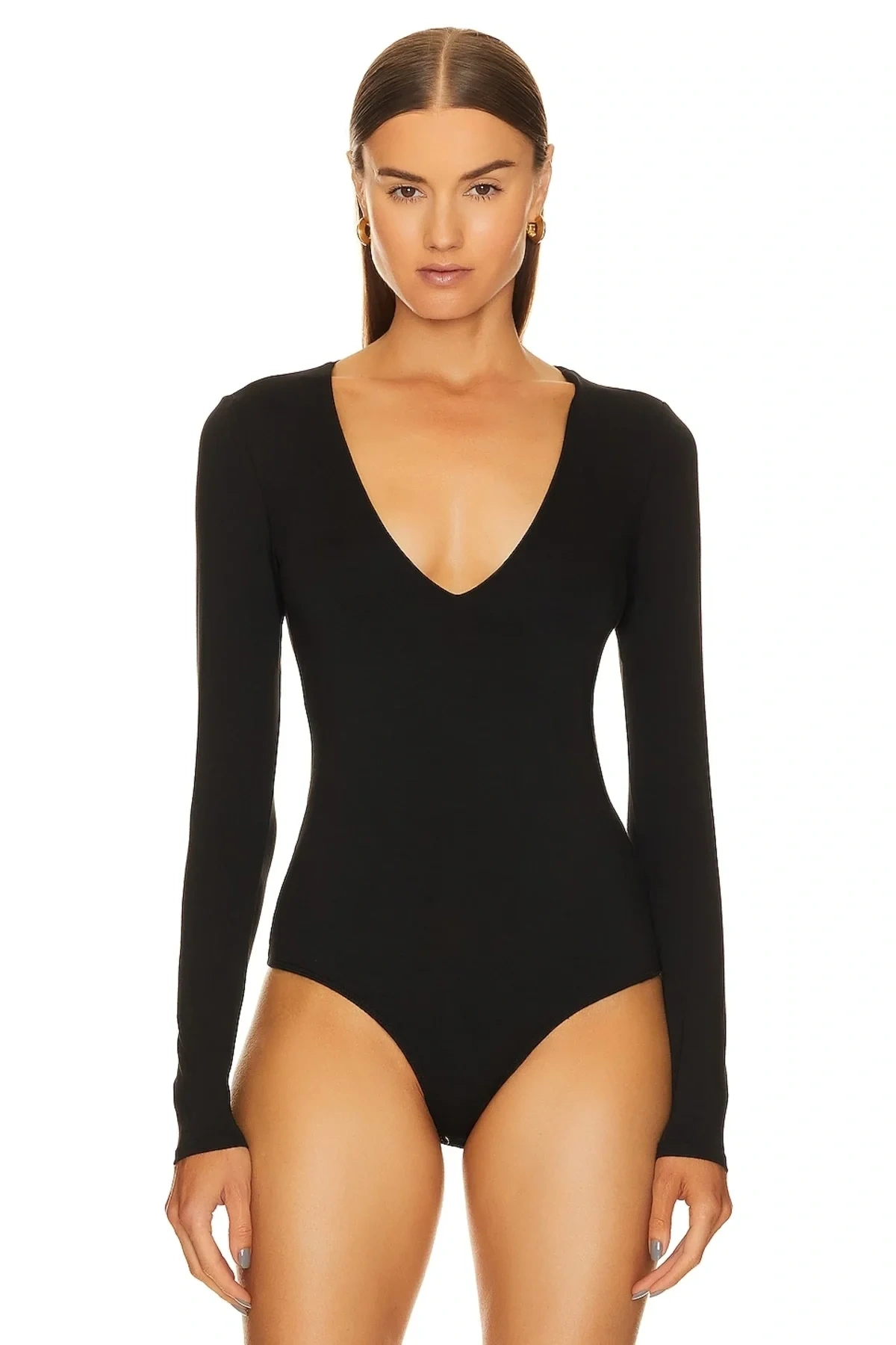 Kadın Siyah Derin V Yaka Uzun Kollu Alttan Çıtçıtlı Çift Kat İpek Jarse Basic Tanga Bodysuit