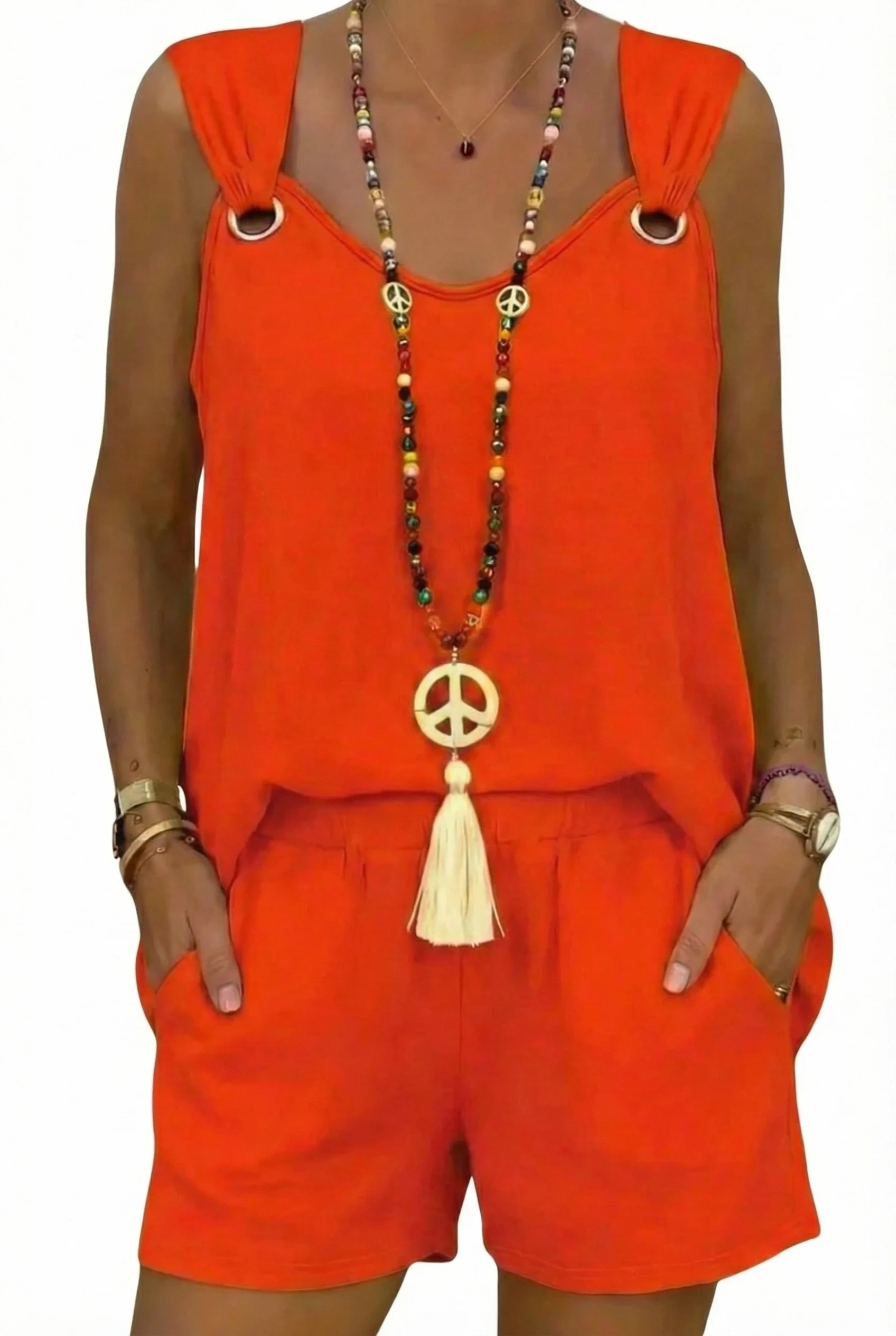 Kadın Turuncu Halka Detaylı Askılı Ayrobin Kumaş Dökümlü Cepli Şortlu İkili Takım