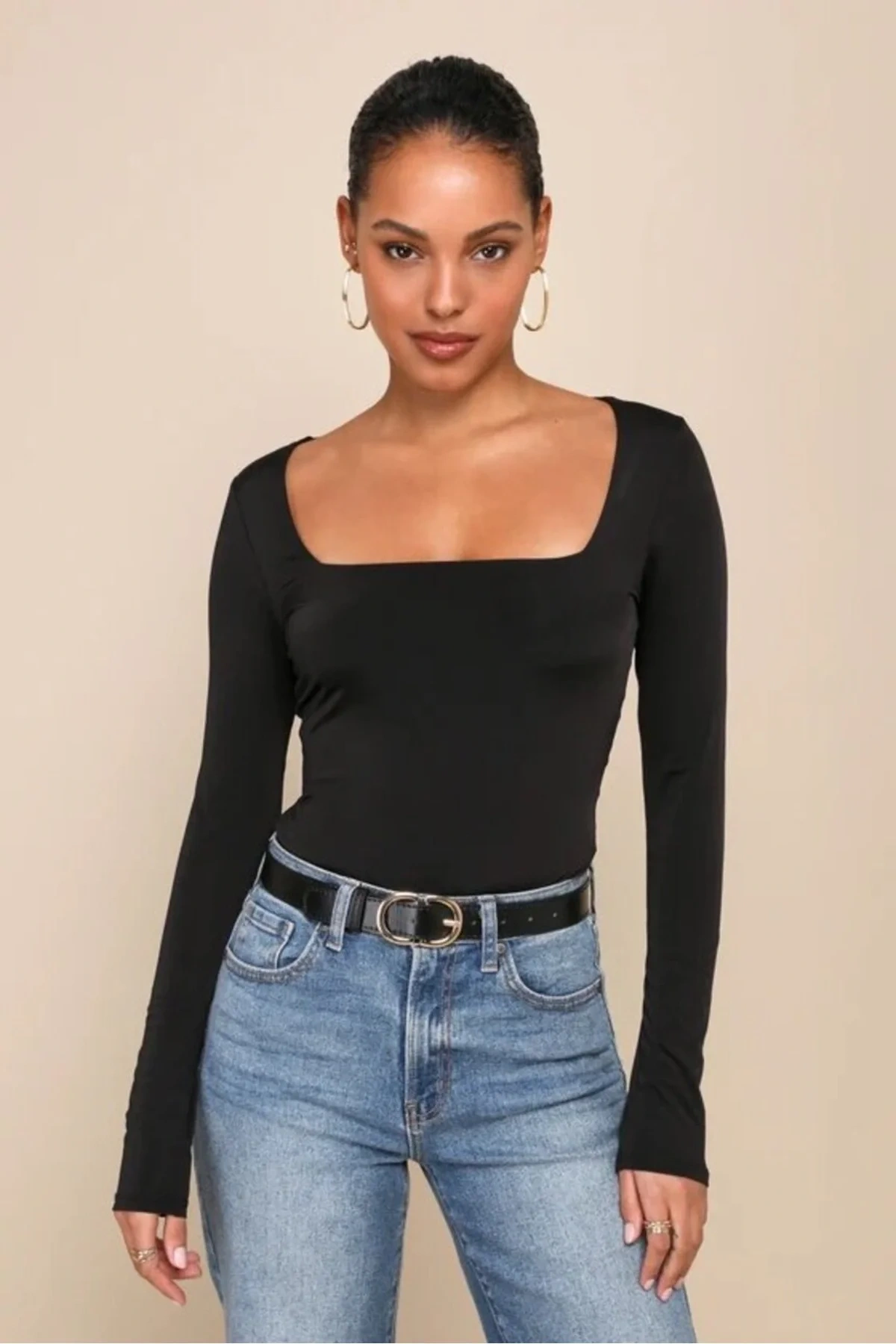 Kadın Siyah Kare Yaka Uzun Kollu Alttan Çıtçıtlı Çift Kat İpek Jarse Basic Tanga Bodysuit