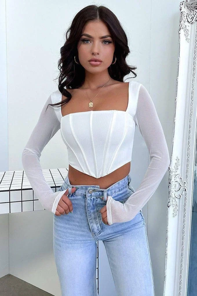 bysoca Kadın Beyaz Kare Yaka Uzun Transparan Tül Kollu Balenli Vücudu Saran Korse Crop Bluz
