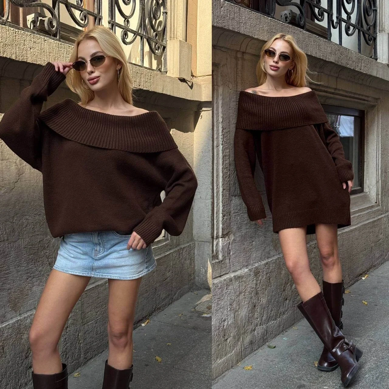 bysoca Kadın Kahverengi Madonna Yaka Düşük Omuz Oversize Salaş Kesim Kalın Triko Kazak Elbise