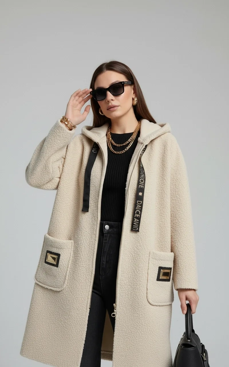 bysoca Kadın Krem Kapüşonlu Yazı Şeritli Fermuarlı Cepli Oversize Buklet Kaban Hırka