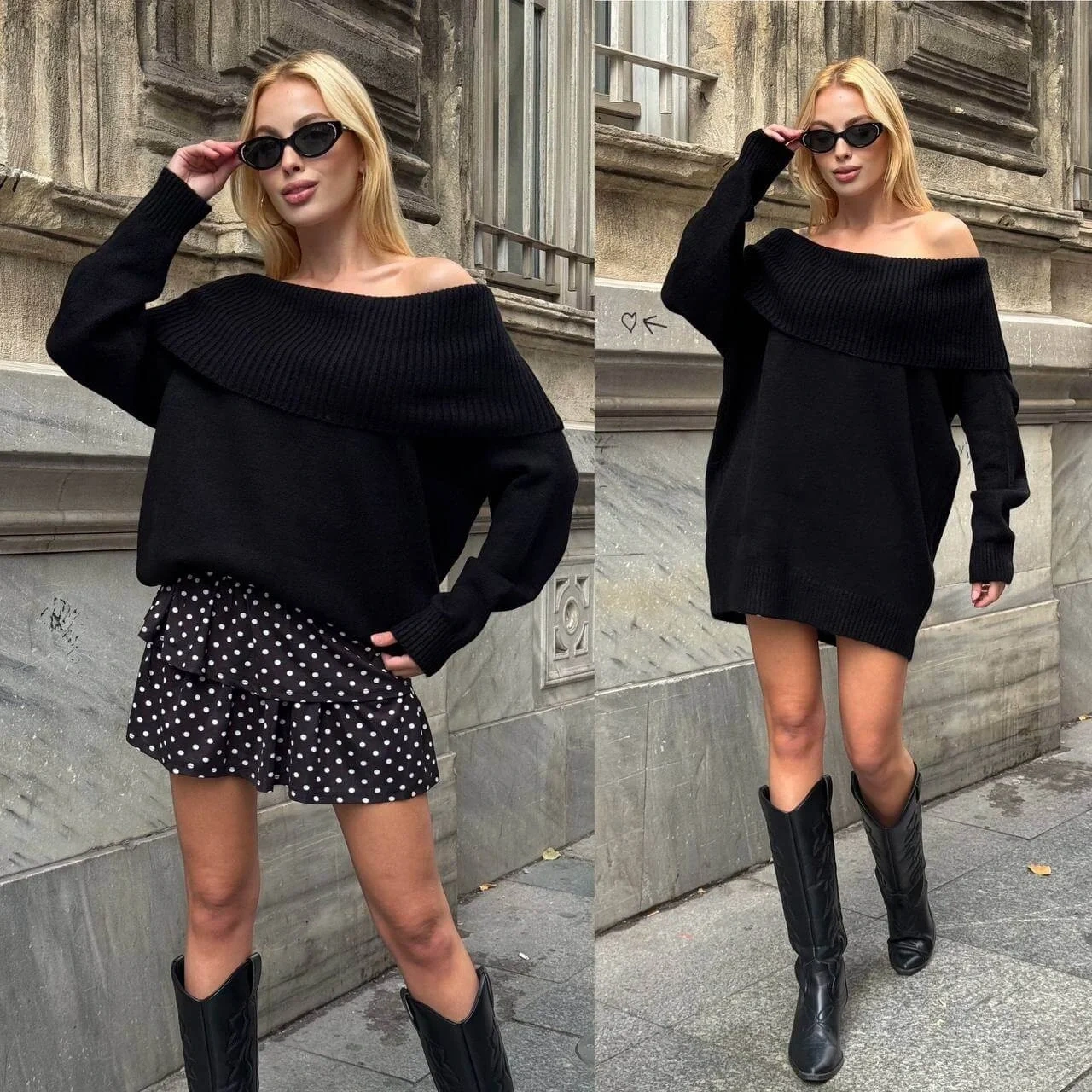 bysoca Kadın Siyah Madonna Yaka Düşük Omuz Oversize Salaş Kesim Kalın Triko Kazak Elbise