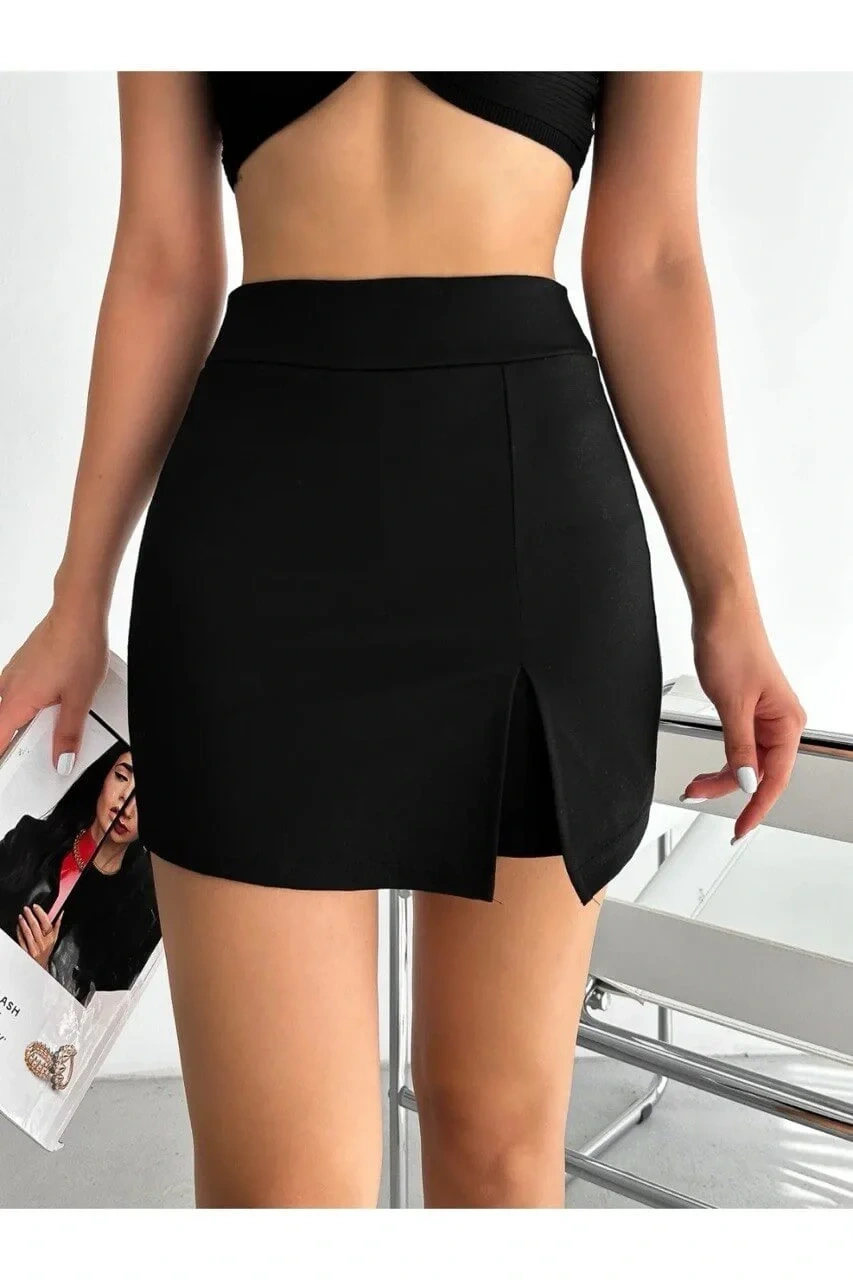 bysoca Kadın Siyah Yüksek Bel Yandan Yırtmaçlı İnterlok Kumaş Mini Şort Etek
