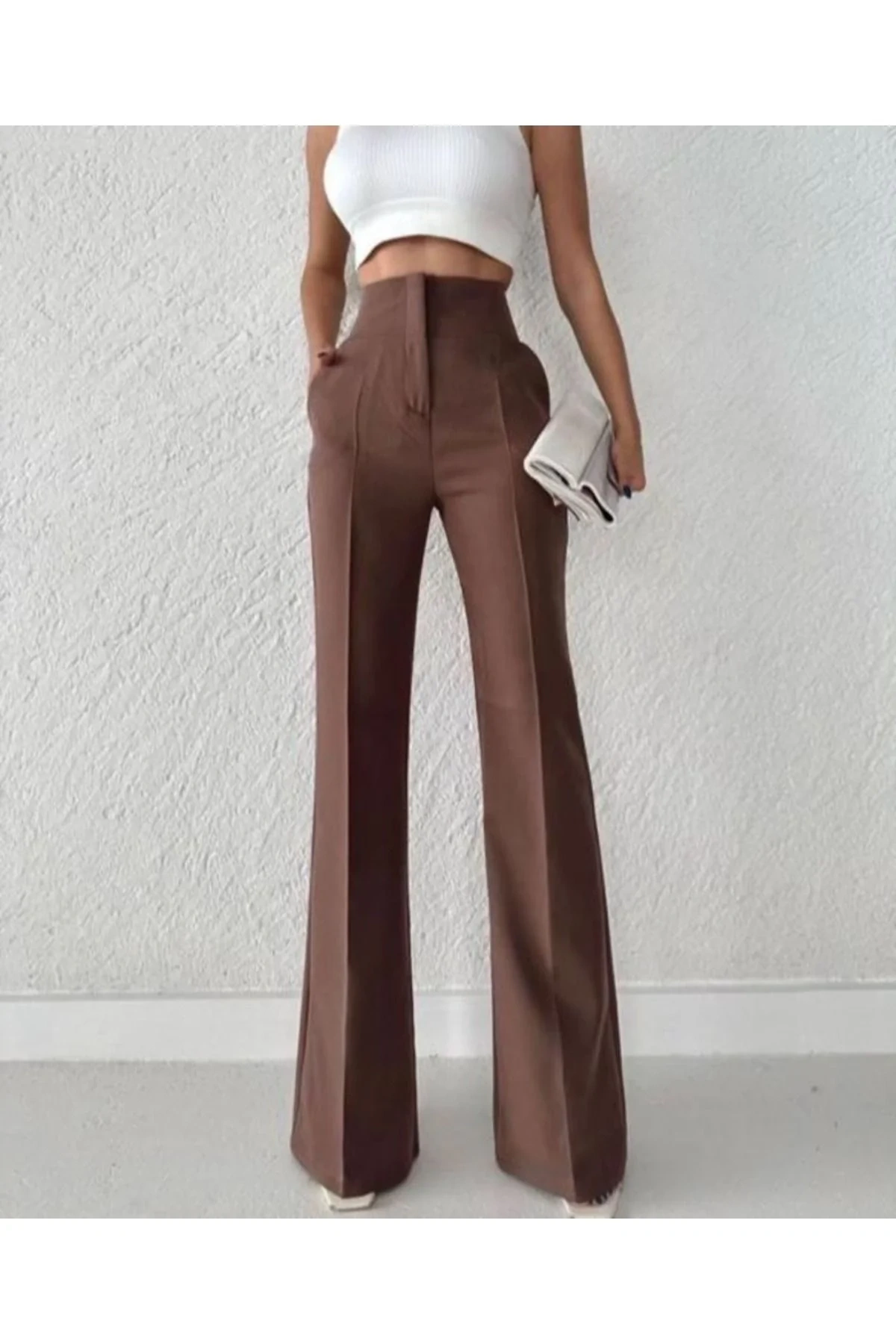 bysoca Kadın Kahverengi Yüksek Bel Toparlayıcı İspanyol Paça Palazzo Kumaş Pantolon