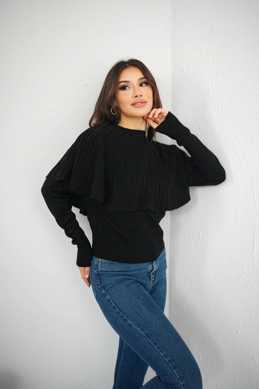 Piliseli Pelerin Detaylı Triko Bluz - Siyah