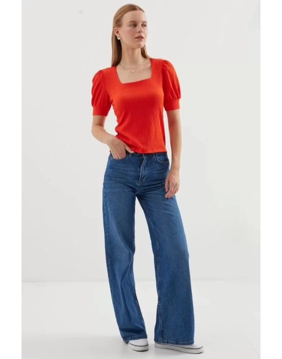 0409 Kare Yaka Örme Bluz - Oranje
