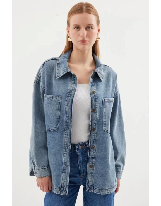 0694 Çift Cepli Oversize Denim Ceket - Buz Mavi