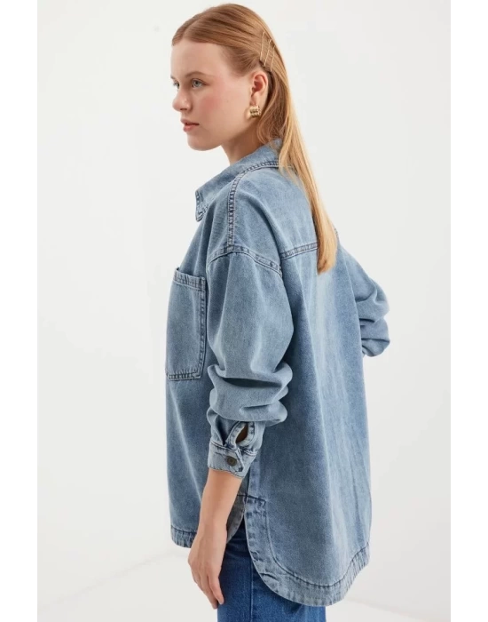 0694 Çift Cepli Oversize Denim Ceket - Buz Mavi