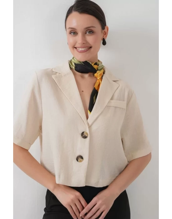 0706 Crop Keten Ceket - M. Krem