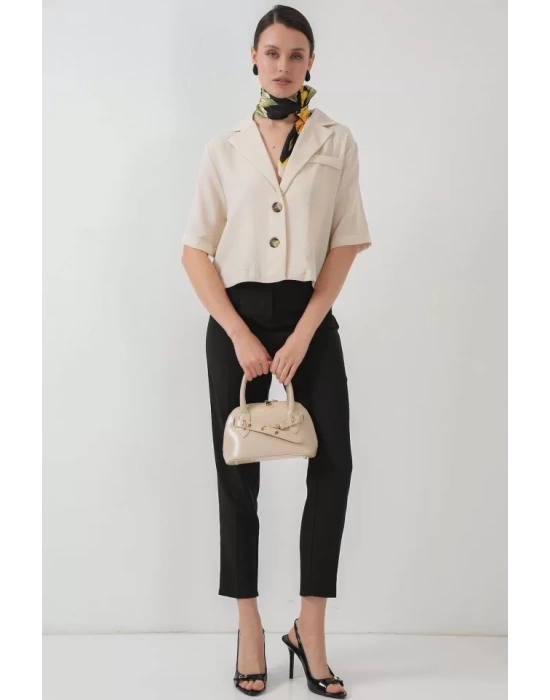 0706 Crop Keten Ceket - M. Krem