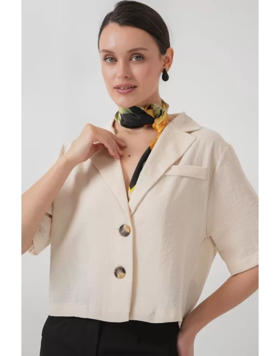 0706 Crop Keten Ceket - M. Krem
