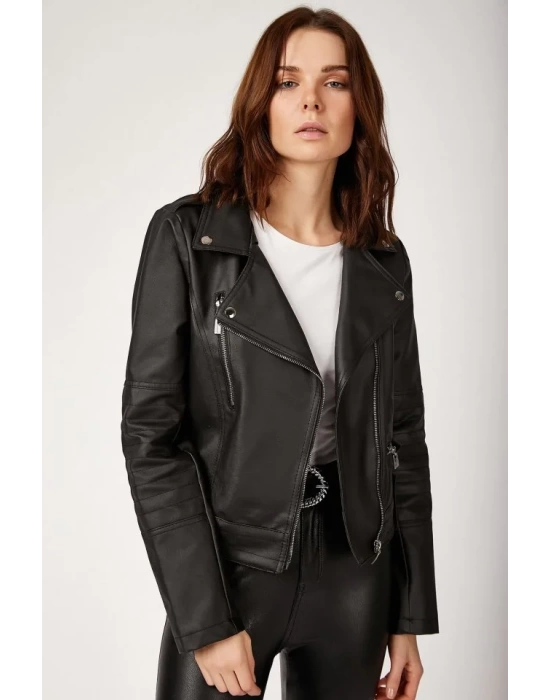 1025 Suni Deri Biker Ceket - Siyah