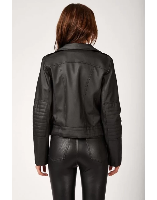 1025 Suni Deri Biker Ceket - Siyah