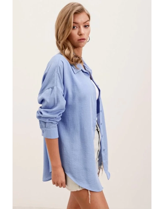 20153 Tek Cepli Oversize Keten Gömlek - Mavi