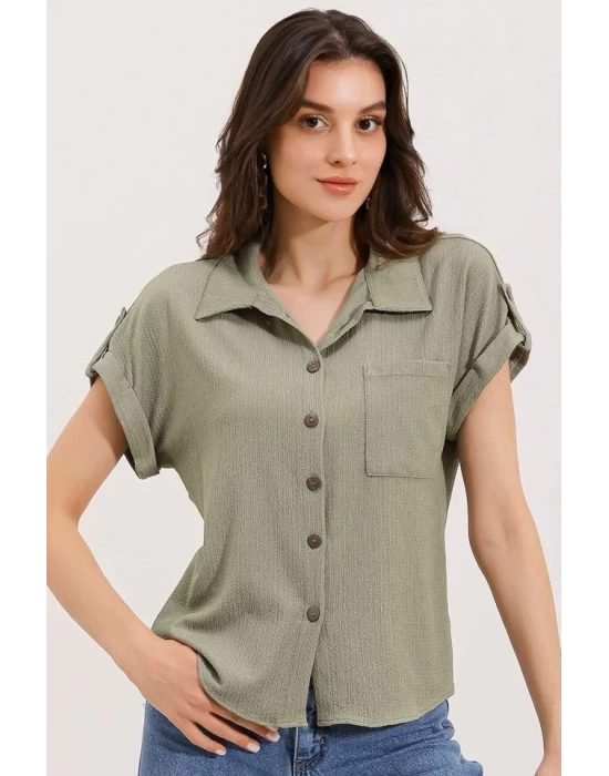 20187 Kısa Kol Oversize Örme Gömlek - Çağla